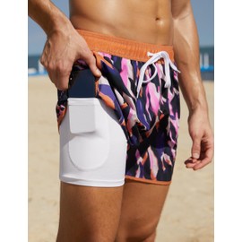 unitop Mens Swim Trunks with Compression Liner 5 Inch Inseam Quick Dry Hawaiian Board Shorts with Pockets, Printed Orange, 34