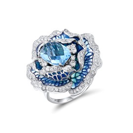 Santuzza Blue Enamel Rose Flower Cocktail Ring 925 Sterling Silver Glass White Cubic Zirconia for Women (6)