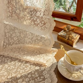 Luyicozy Beige Lace Sheer Curtains - Floral Light Filtering Translucent Drapes with Scalloped Edges for French Doors & Living Room, Romantic Rod Pocket Vintage Crochet,2 Panels,52x96 Inches