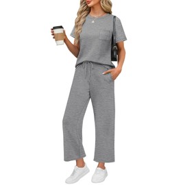 WIHOLL Summer Vacation Outfits for Women 2025 Resort Wear Matching Sets Women Clothing 2 Piece Holiday Beach Travel Airport Outfit Country Concert Lounge Sets Athleisure Grey 2XL