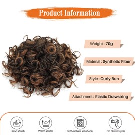 Flyroseing Elastic Drawstring Messy Bun Hair Piece,Synthetic Hair Bun Extensions Fake Hair Piece Bun,Natural Black Mix Light Brown Curly Bun Hair Piece for Women