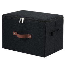 VinneGenzz Storage Bins with Zipper Lid Cotton Linen Fabric Lidded Storage Baskets Boxes Foldable Washable Closet Shelf Clothes Organizer Container with PU Leather Handles (Black, Large Size)