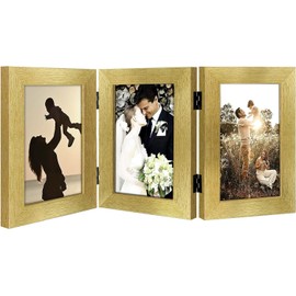 Golden State Art, 4x6 Three Picture Frame Trifold Hinged Photo Frame with 3 Openings, Desk Top Family Picture Collage, with Real Glass (4x6 Triple, Gold, 1-Pack)