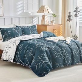 Lekesky Reversible Duvet Cover King Size, Dark Blue White Thin Branch Duvet Cover King 3pc Ultra Soft Microfiber Breathable Stylish Bedding Set with Zipper Ties