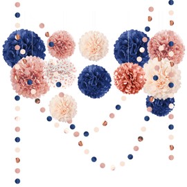 AOBKIAT Rose Gold and Navy Blue Party Decorations Set,Tissue Paper Pom Poms,Paper Garland for Women Engagement Anniversary,30th,40th,50th,60th,Birthday Party Supplies