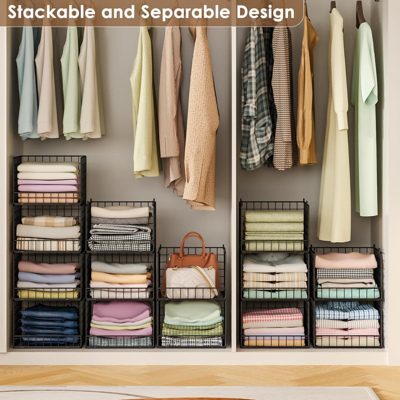 Stackable Closet Organizers and Storage Baskets, 4-Tier Closet Shelf Organizer