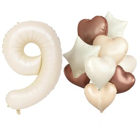 Luftballon 9. Geburtstag,Beige Geburtstagsdeko 9 Jahr mit Riesen folienballon 9 Cream Aprikose Braun Herz Stern Folienballons für 9. Geburtstag Junge Mädchen Geburtstagdeko Party