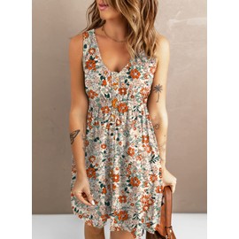 Acelitt Women's Casual Summer 2023 Fashion V Neck Sleeveless Button Down Floral Dresses Elastic Waist Pleated Mini A-Line Flowy Dress Orange Small