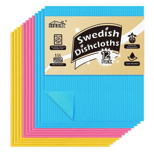 HOMEXCEL Swedish Sponge Dish Cloth, 12 Pack Reusable, Absorbent Hand Towels, Sponge Cloth for Kitchen, Bathroom, and Cleaning Counters (Pink/Blue/Yellow)