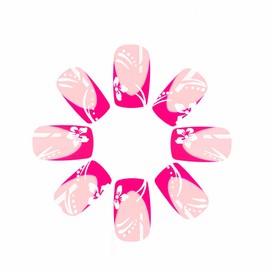 MERVF Square Press on Nails Medium Fake Nails Hot Pink French Tip Glue ons Flower Design Squoval Acrylic Nail Supplies Art DIY Summer Manicure 24pcs Glossy