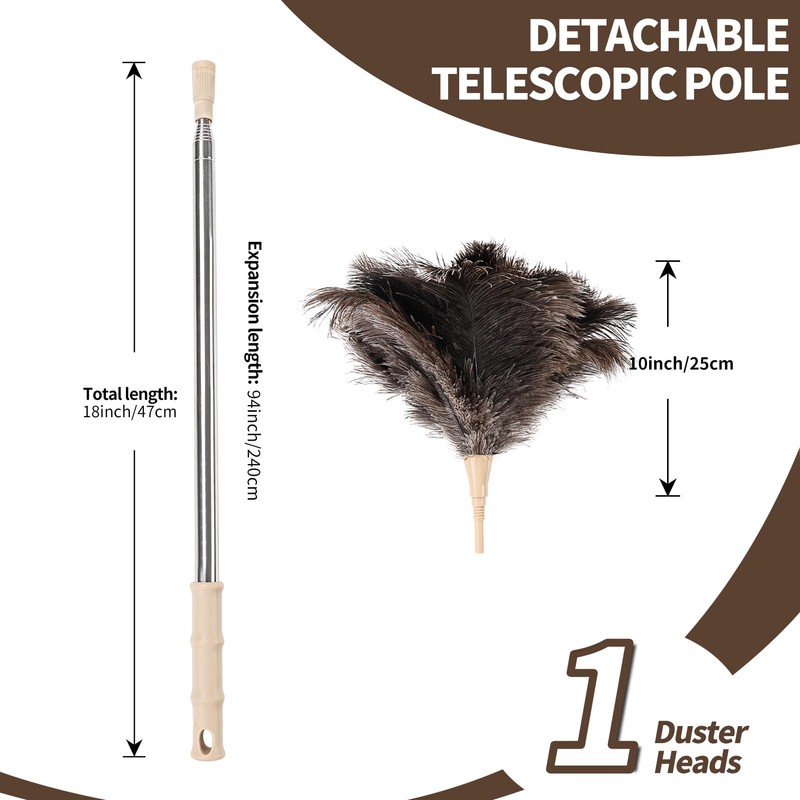 MehelloFeather Ostrich Feather Duster 27-94Inch Retractable Fluffy Natural Detachable Ostrich