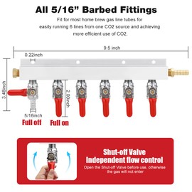 Ferroday 6 Way CO2 Gas Manifold, CO2 Gas Distributor, 5/16" Barbed Fitting Brew Beer Keg Line CO2 Gas Splitter, 6 Way Kegerator CO2 Distributior Manifold With Integrated Check Valves & 7 Clamps