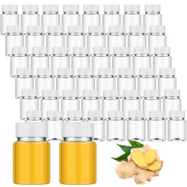 Lallisa 50 Pcs 2 Oz Plastic Juice Shot Bottles with Caps, Mini Clear Juice Bottle with Lid, Reusable Leakproof Ginger Containers for Liquids Wheatgrass Ginger Jars(White Lids)