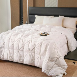 Pinch Pleat Down Feather Comforter, All Season Medium Warmth Ultra-Soft 750 Fill-Power White Bedding Down Feathers Duvet Inserts with 8 Tabs, Queen Size(90x90inch)