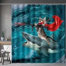 Aimego Funny Shower Curtains Shark Cat Shower Curtain Set with 12 Hooks for Bathroom Decor Accessories Bathtub Curtain, 72"x72"
