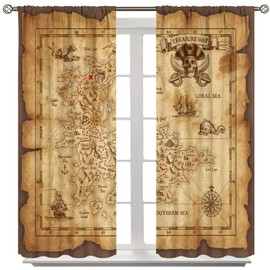 ZhiRain Nautical Island Map Curtains Vintage Old Map Pirate Ship Ocean Ancient Skull Curtain with Rod Pocket for Bedroom Living Room Home Decor Drapes Window Treatments 2 Panels Set 42" W X 54" L