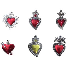 Milagros Charms - Tin Painted Sacred Heart Ornaments - Mexican Art (set of 6)