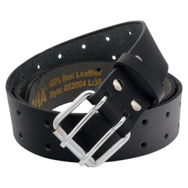 QHA Mens Leather Belts for Jeans Men Full Grain Belt With Double Pin Buckle Q17 Black 36"-40"