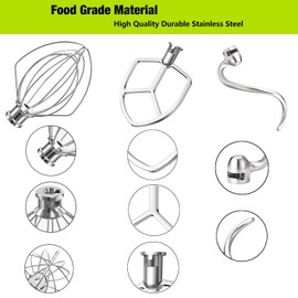 Stainless Steel Stand Mixer Attachments 3-Piece for KitchenAid 5.5-6 Qt Tilt Head Stand Mixer. Includes 6 Wire Whisk, Flat Beater, Dough Hook for KitchenAid 6 Qt Mixer Bowl
