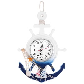 VOSAREA Maritime Wooden Anchor Wall Clock with Sailing Boat Vintage Rustic Nautical Sea Wall Art Ornament Steering Wheel Quartz Clock for Children Living Room Bedroom Wall Hanger Decoration