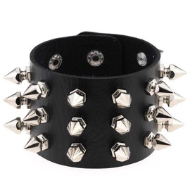 FM FM42 Black PU Simulated Leather Silvert-tone Spikes Rivets Adjustable Buckle Bracelet, Pack of 2 PCs