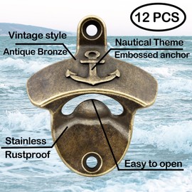 Luwanburg 12 PCS Brass Anchor Bottle Opener Wall Mounted Bulk Cooler Mounted Beer Cap Opener Navy for Nautical Sailor Themed (Antique Bronze)