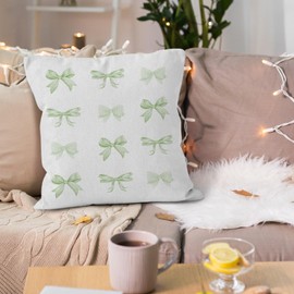VRW Sage Green Bow Throw Pillow Covers, Coquette Pillow Covers, Girly Decorative Pillow Covers for Girls Room Aesthetic, Coquette Room Decor, Bow Room Decor, Preppy Trendy Decor Pillow Covers 18x18