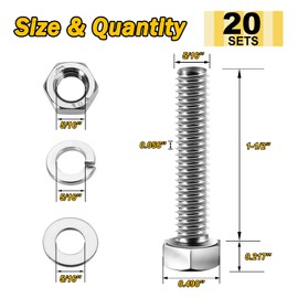 Mywish (20 Sets) 5/16-18x1-1/2 Hex Head Stainless Steel Bolts and Nuts with Flat & Lock Washers, 304 Stainless Steel 18-8, Fully Threaded, 5/16 Bolt
