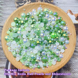 Mix Resin Rhinestones Half Round Pearls,30g Flatback Rhinestones Half Pearl Beads for Crafts Multi Size 3mm-10mm Half Pearl Rhinestone for Bottles,Tumblers,Nail Art,Clothes Shoes (Green Series)