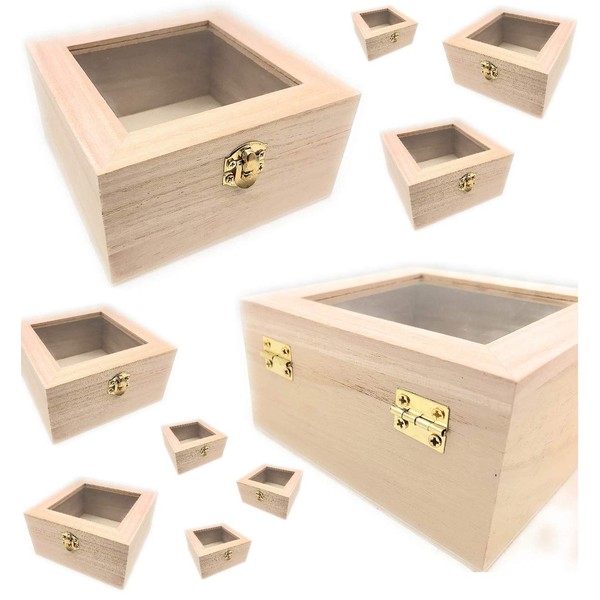 10 pc Set Unfinished Wood Craft Box with Window for Arts, Crafts and Birthday Party Favor DIY
