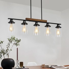GEFOUN Farmhouse Kitchen Island Lighting, 5-Light Dining Room Light Fixture Over Table, Modern Linear Chandelier with Clear Glass Shade, Black Rustic Wood Ceiling Pendant Lights Adjustable Height