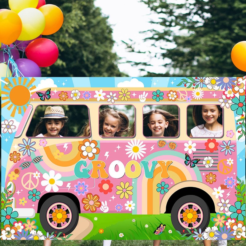 Lecheme Hippie Party Decorations Groovy Bus Banner 60s Daisy Backdrop