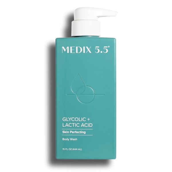 MEDIX 5.5 Body Scrub Skin Care Glycolic Acid Exfoliating Body Cleanser KP Bump Eraser | AHA + Lactic Acid Anti Aging All Skin Type Wash | Keratosis Pilaris & Acne | Foaming Body & Face Wash, 15 Fl Oz