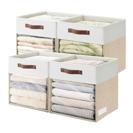 Bagnizer Storage Cubes with Clear Window Linen Fabric Collapsible Storage Bins with Handles 13 x 13 Inch Foldable Boxes for Shelf Closet 4 Pack, Beige and White