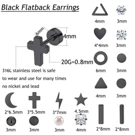 Flat Back Earrings Hypoallergenic,18 Pairs Stainless Steel Flat Back Stud Earrings for Women Men 20G Star Moon Heart Disc Ball CZ Cartilage Earrings Screw Back Flatback Earrings for Sensitive Ears