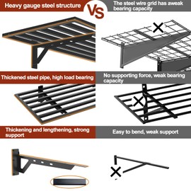 Jinharde 2 Pack Garage Wall Mounted Shelf System, 3.87'×1.64' Heavy Duty Steel storage Shelving with 6 Hooks, 2 shelves with stands 600lbs, Black