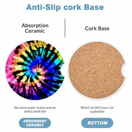 Rainbow Tie Dye Pattern 2 Pack Car Cup Holder Coaster Anti Slip Insert Absorbent Ceramic Car Coaster with Cork Base and Finger Notch Cute Car Accessories Interior for Women Men