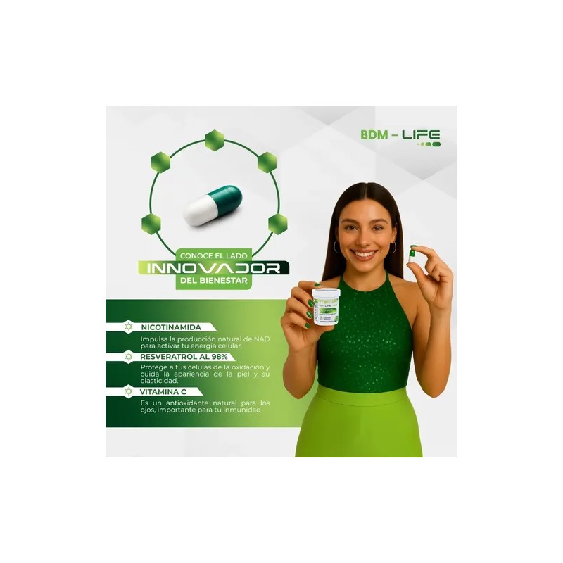 BDM LIFE Nicotinamida NAD Resveratrol 98% Vitamina C 60 Cápsulas