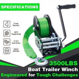 OPENROAD 3500LB Boat Trailer Winch - 32FT Green Strap, Heavy Duty Hand Winch with 2-Way Ratchet 4:1/8:1 Gear - Effortlessly Tow Boat,Trailer, RV, ATV, and Jet Ski - Includes Installation Screws