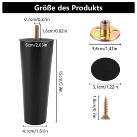 GBACHOOSE Pack of 4 Wooden Furniture Legs, 15 cm Furniture Feet, Sofa Feet, Black with M8 Bolts, Mounting Plate, Rubber Mat for Coffee Table, Cabinet