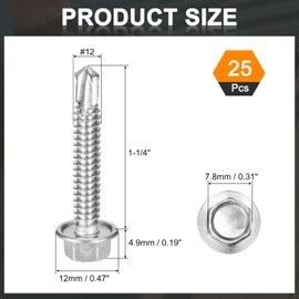 uxcell 25Pcs #12 x 1-1/4" Self Drilling Screws, 410 Stainless Steel Self Tapping Screws for Metal, Hex Washer Head Sheet Metal