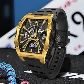 Gosasa Men’s Fashion Sports Watch Tonneau Analog Digital Watch for Men 50M Water Resistant Oversized Wristwatch with LED Backlight, Stopwatch, Alarm, Date Week Display, Silicone Band