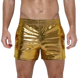 GENEMEN Men's Metallic Shorts Sexy Shiny Glitter Boxer Shorts Sequins Rave Carnival Outfit with Pockets, gold, M