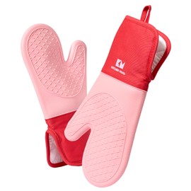 Kitchen Mama Silicone Oven Mitts Heat Resistant – Non-Slip, Stain-Resistant, Food-Grade Silicone Cooking Mitts & Pot Holders for Baking, Grilling, Heat Resistant Cooking Gloves (Red)