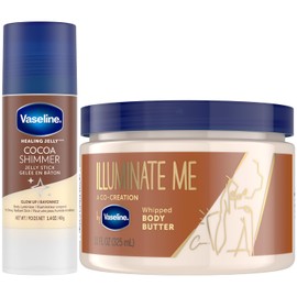 Vaseline Cocoa Shimmer Jelly Stick, ideal para viajes + Illuminate Me mantequilla corporal batida, hidratantes para piel extremadamente seca
