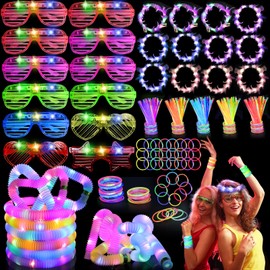 156 PCS Glow in the Dark Party Supplies, 12 Light Up Pop Tubes, 12 LED Glasses, 12 Light Up Headband, 20 Finger Lights and 100 Glow Sticks, Neon Party Favors for Glow Party, Birthday