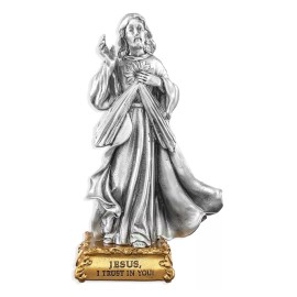 WJ Hirten Divine Mercy Jesus 4.5" Pewter Statue on Golden Base, U.S. Made,  Boxed