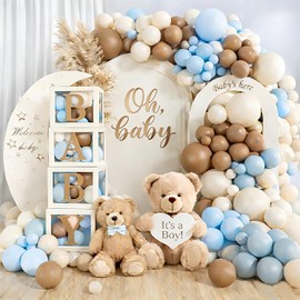 Blue Bear Baby Shower Boxes Decorations for Boy Baby Shower Decorations with Blue Brown Balloons Backdrop Wood Grain Baby Boxes for Boy Teddy Bear theme Gender Reveal