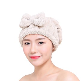 Ranked Towel Cap, Hair Drying, Water Absorbent, Hair Drying, Bath Cap, Ribbon, Quick Drying, Dry Towel, Fluffy, Bath Out, Beige