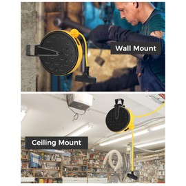 WILAWELS 30 Ft Retractable Extension Cord Reel, 16/3 Gauge SJTW Power Cord with 3 Electrical Outlets Pigtail for Garage and Shop, 10 Amp Circuit Breaker, Metal Plate, UL Listed, Yellow Y30CR06